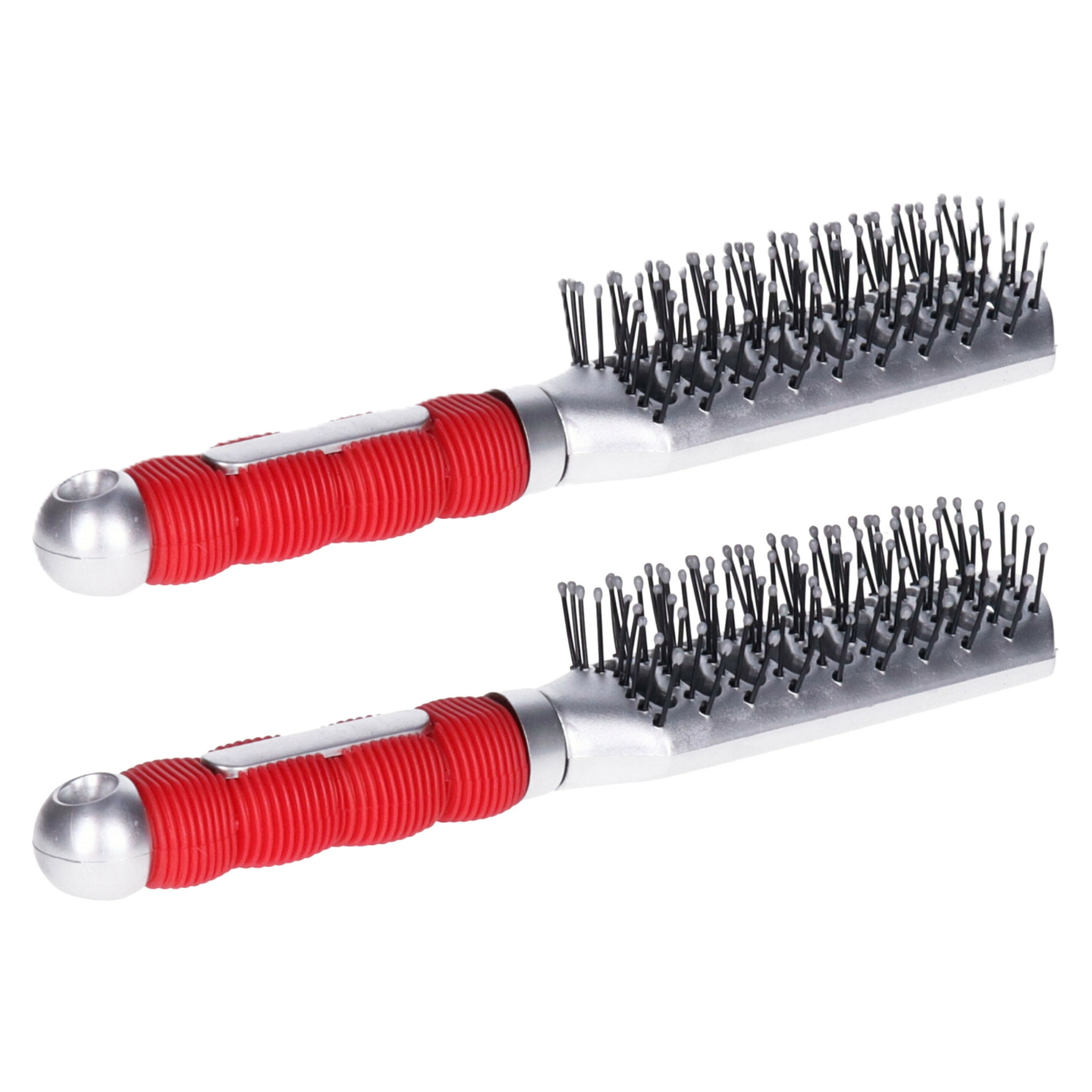 Merkloos Haarborstel Hairmaster - 2x - zilver met rood handvat - 23 x 4 cm - kunststof - heren/dames/kinderen -