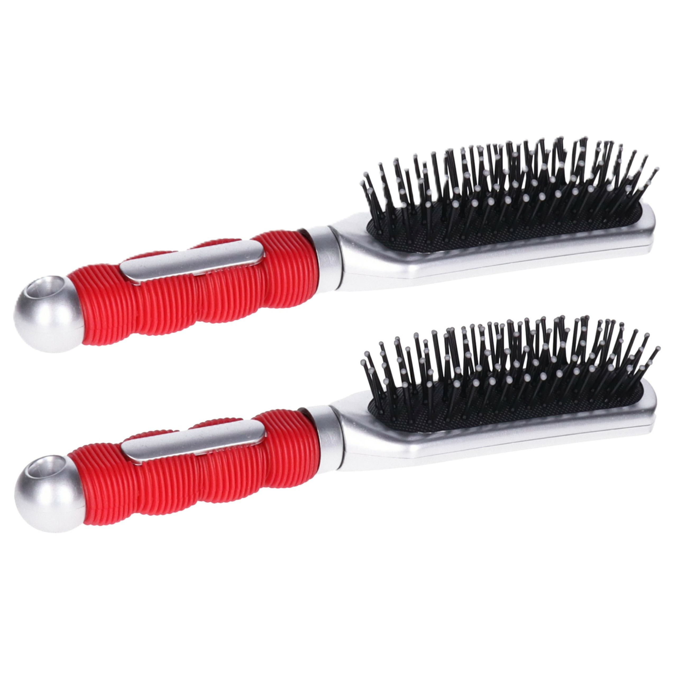 Merkloos Haarborstel Hairmaster - 2x - zilver met rood handvat - 23 x 5 cm - kunststof - heren/dames/kinderen -