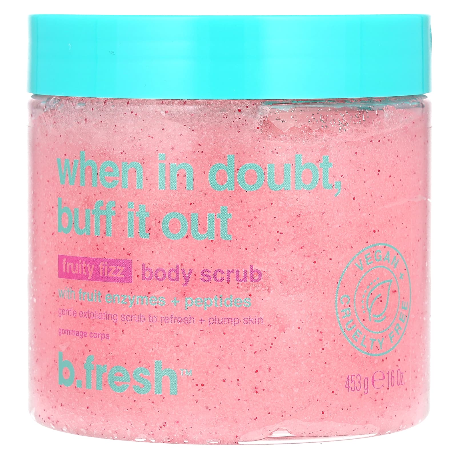 B.fresh , body scrub, with fruit enzymes + peptides, fruity fizz, 453g (16oz)