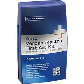 Verbanddoos Premium, voor in de auto, inhoud volgens DIN 13 164, temperatuurbestendig van -20 tot +130°, B 160 x D 70 x H 250 mm, polypropyleen, blauw