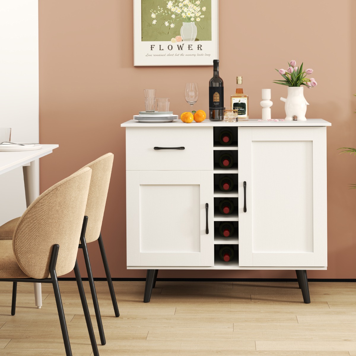 Costway Modern Dressoir met Wijnrek voor 6 Flessen en 2 Verstelbare Planken Opbergmeubel voor in de Keuken Woonkamer of Eetkamer Wit