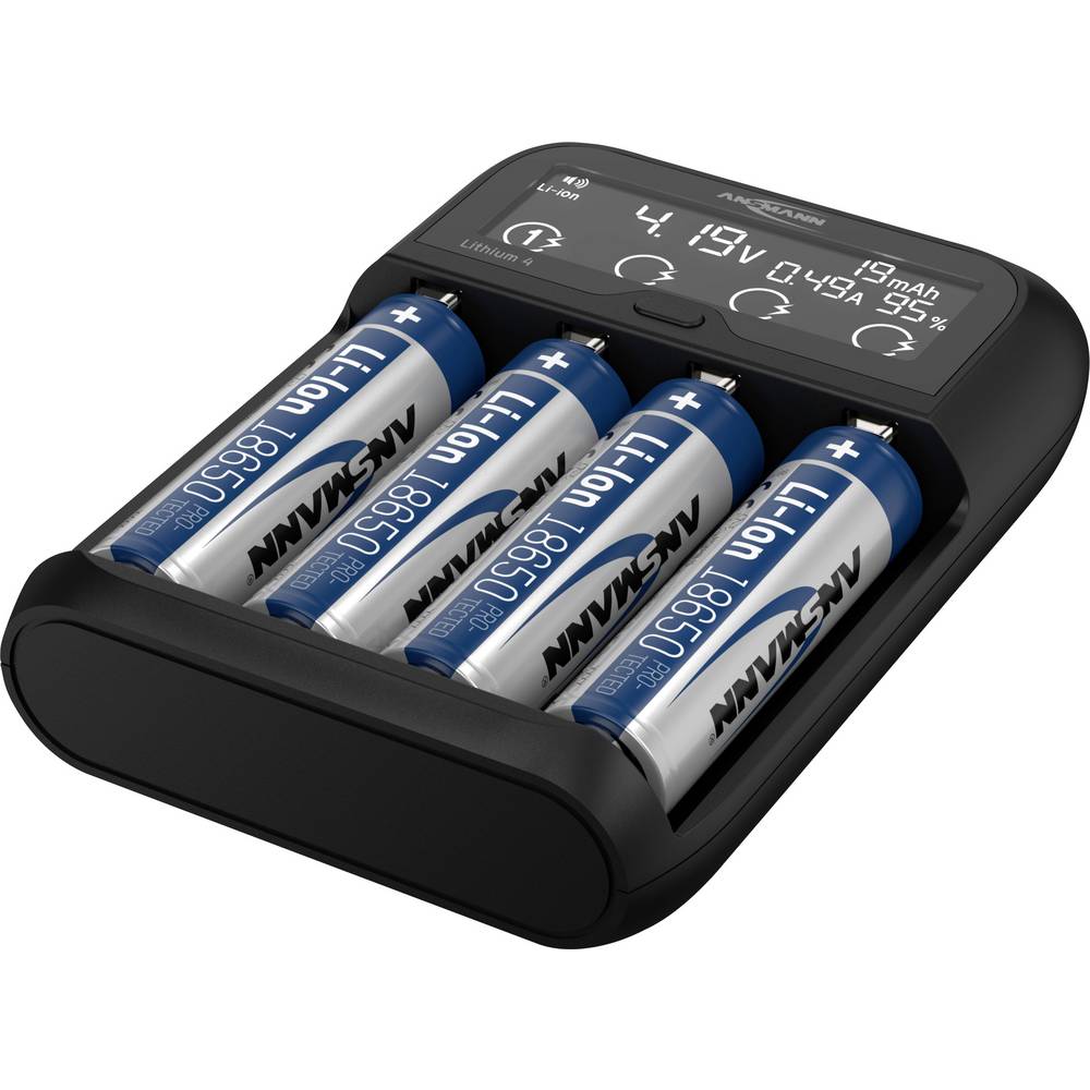 Ansmann Lithium 4 Universalladegerät mit 2x 18650 Akkuzellen (2600mAh) Oplader Li-ion, LiFePO4, NiMH 18500, 18650, 14500, 16340, 17670, 22650, 26650