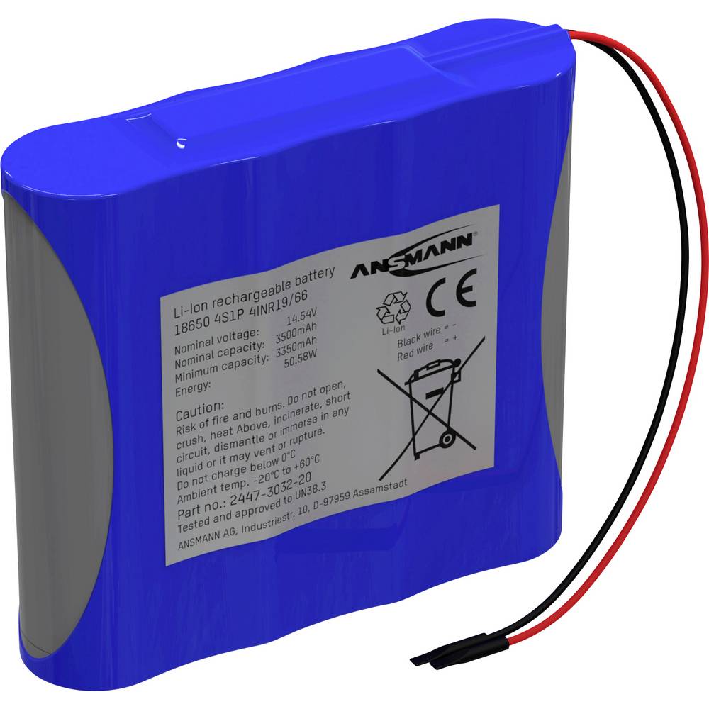Ansmann 4S1P Akkupack 4x 18650 Kabel Li-Ion 14.5V 3500mAh Accupack Aantal cellen: 4 Li-ion 14.5 V 3500 mAh