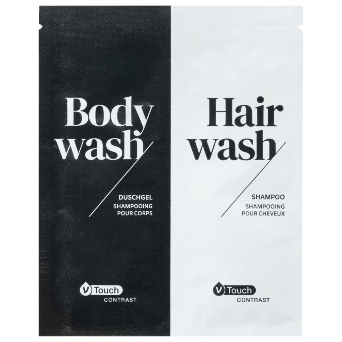 V-Touch Hotel shampoo en douchegel Contrast; 12 ml; lichtblauw/geel; 800 stuk / verpakking