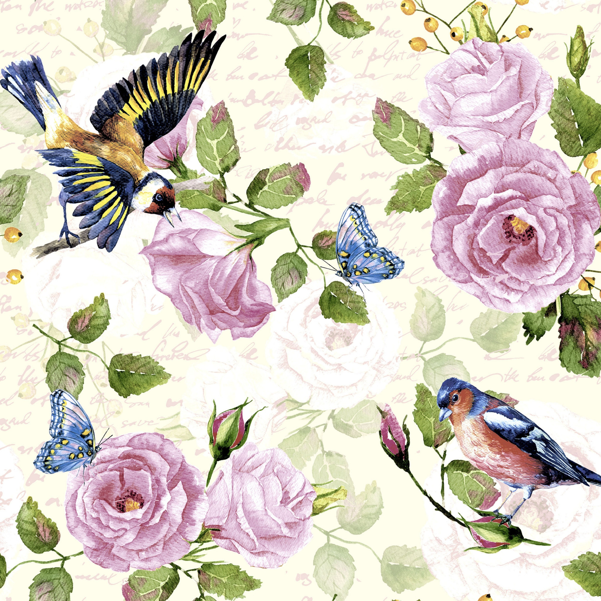 Paperdesign 60x luxe tafel diner/lunch servetten 33 x 33 cm in tuinvogeltjes en bloemen print 3-laags -
