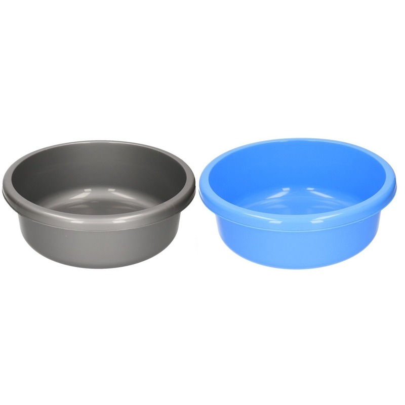 Merkloos 2x Ronde afwasteil blauw en grijs kunststof 9 liter -