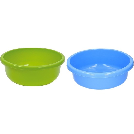 Merkloos 2x Ronde afwasteil blauw en groen kunststof 9 liter -