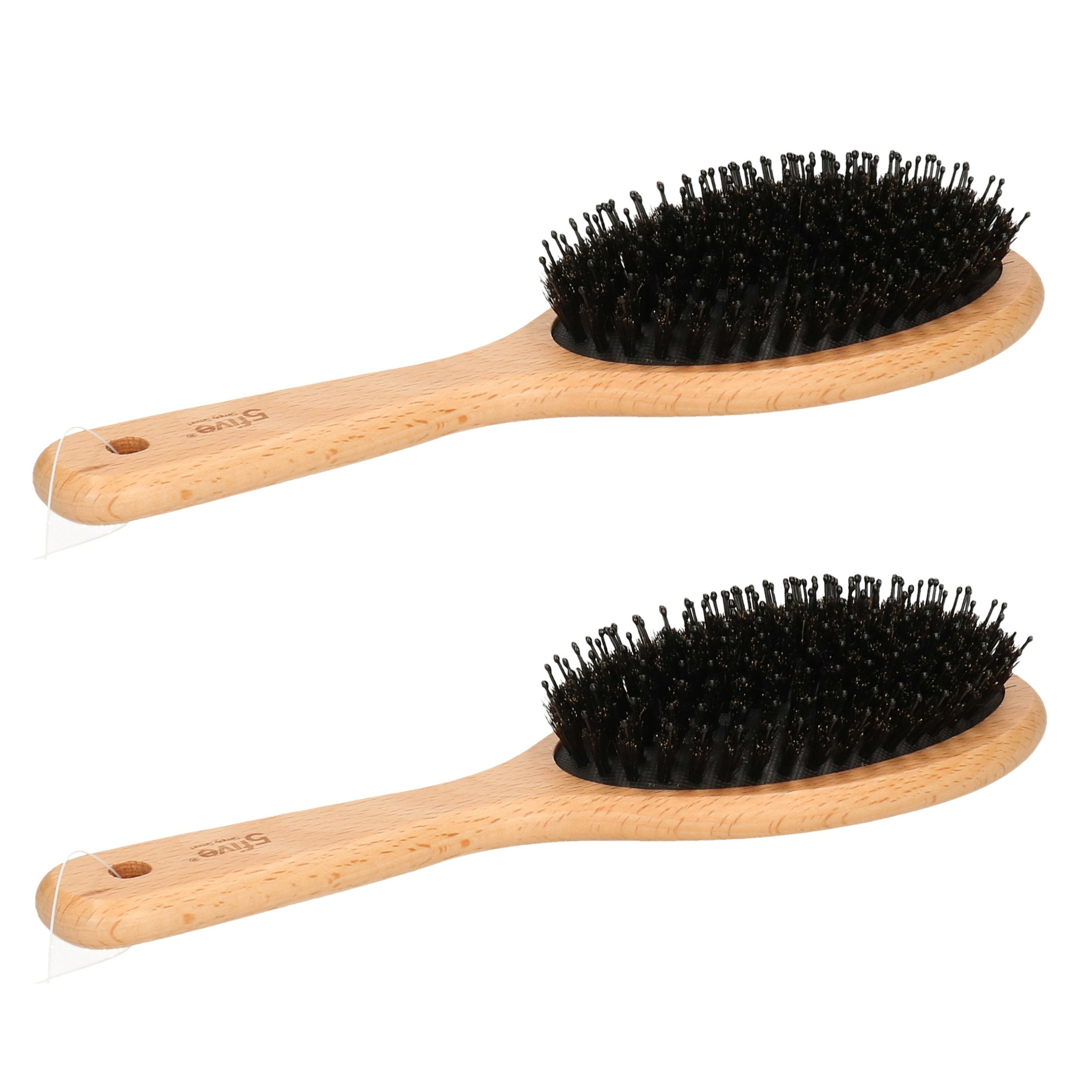 5five Haarborstel ovaal - 2x - naturel - kunststof/hout en varkenshaar - 24,5 cm -