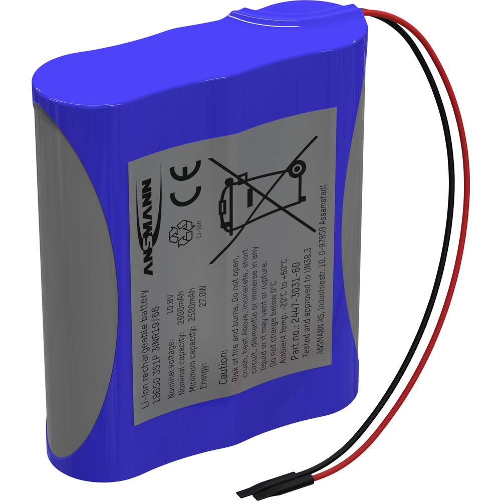 Ansmann 3S1P Accupack Aantal cellen: 3 Batterijgrootte: 18650 Kabel Li-ion 10.8 V 2600 mAh