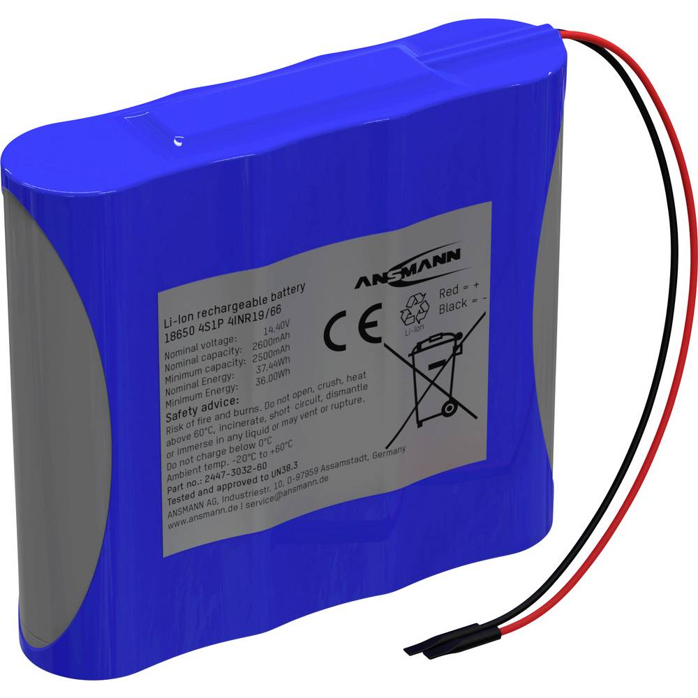 Ansmann 4S1P Akkupack 4x 18650 Kabel Li-Ion 14.4V 2600mAh Accupack Aantal cellen: 4 Li-ion 14.4 V 2600 mAh