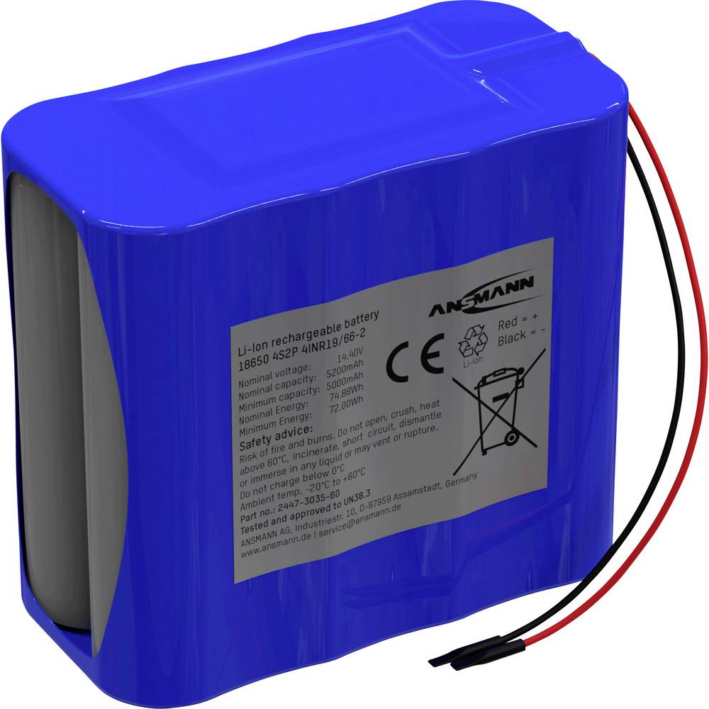 Ansmann 4S2P Akkupack 8x 18650 Kabel Li-Ion 14.4V 5200mAh Accupack Aantal cellen: 8 Li-ion 14.54 V 5200 mAh