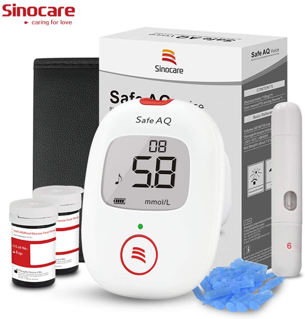 Sinocare Diabetes Testkit Bloedglucosetest met 50/100 Codefree Strips/Lancet Safe AQ Voice