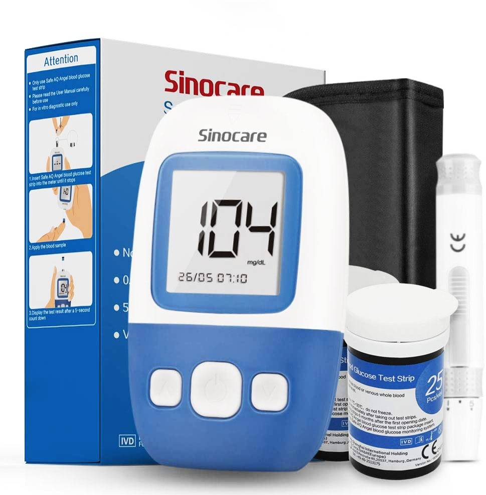 Sinocare Bloedglucosemeter Veilige AQ Angel Diabetes Testkit, Glucometer + 25/50 Teststrips