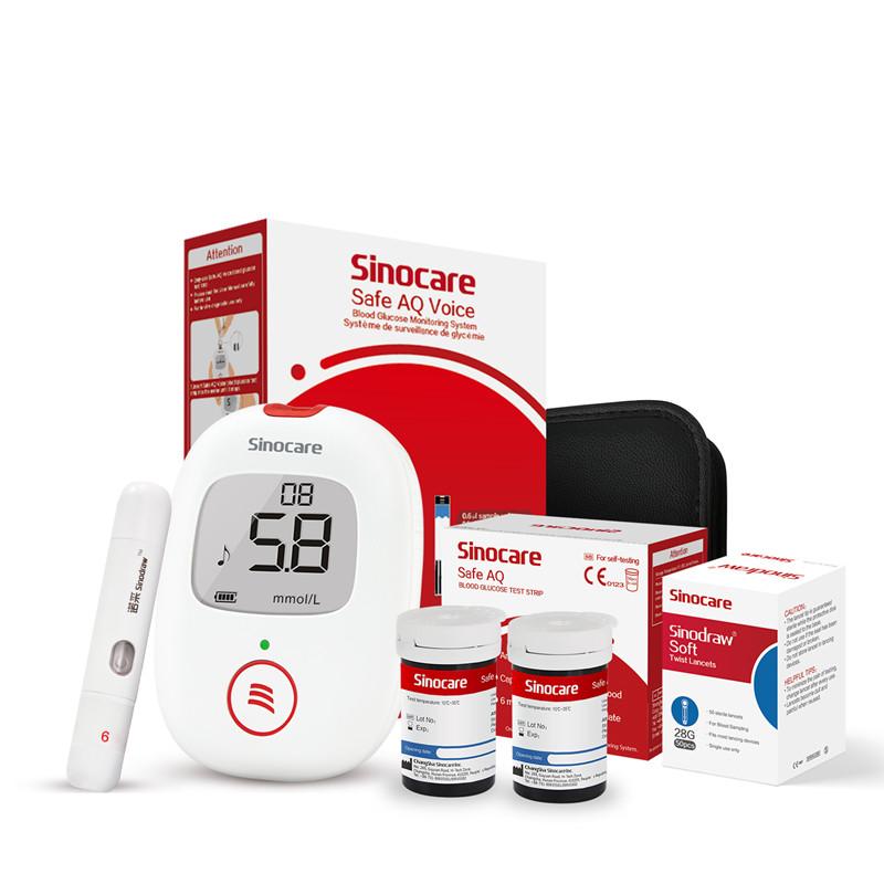 Sinocare Safe AQ Voice Bloedglucosemeter 50/100 Diabetes Testkit met Stemherinnering en Lichtwaarschuwing