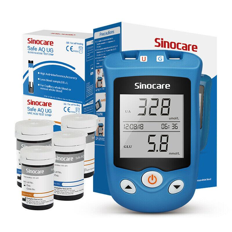 Sinocare Safe AQ-UG Bloedglucosemeter & Urinezuurmeter 2 in 1 Bi-functie met 50 teststrips & 50 lancetten voor diabetes/jichtpatiënten 50kit-mg/dL