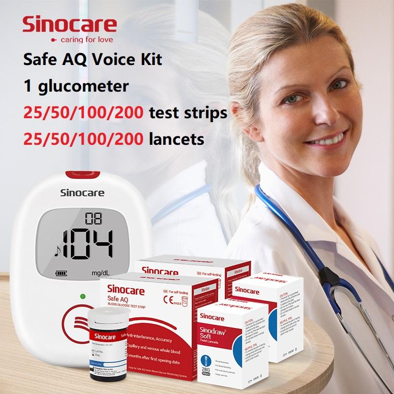 Sinocare Safe AQ-Voice Bloedglucosemeter met 25/50/100/200 teststrips en lancetten Diabetes Met spraakherinnering Hoge nauwkeurigheid 1 mg/dL meter+50 strips