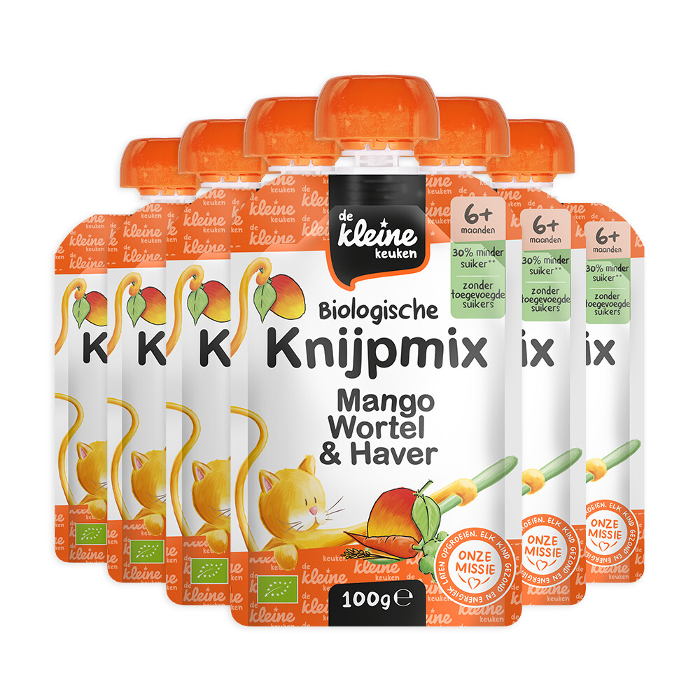 De Kleine Keuken 6x  Bio Knijpmix 6+m Mango Wortel Haver 100 gr
