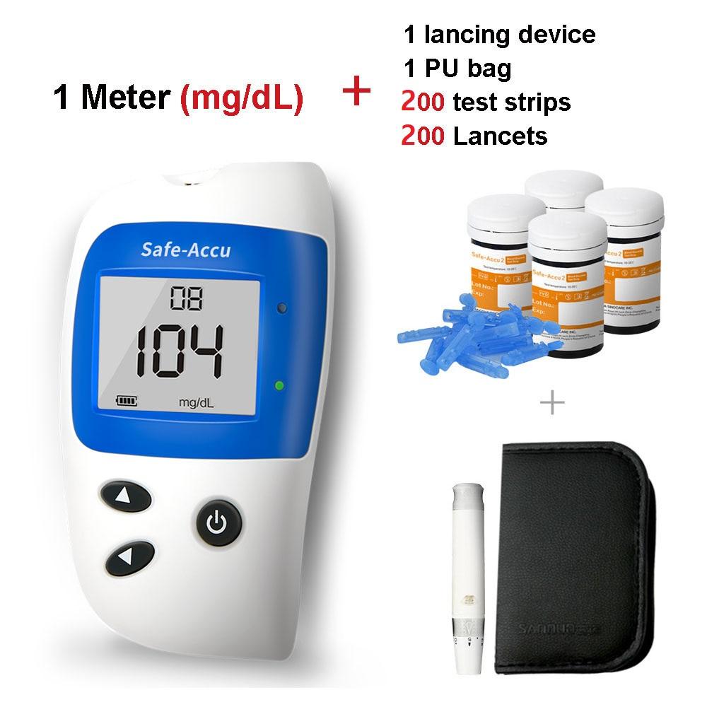 Sinocare Safe-ACCU2 bloedglucosemeter met 50/100/200 teststrips Diabetestestkit in mmol/l of mg/dl kit 200 - mg/dL
