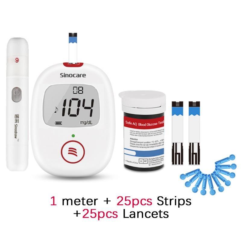 Sinocare Safe AQ-Voice bloedglucosemeter met 25/50/100 teststrips en lancetten Diabetes testkit Stemherinnering en lichtwaarschuwing 1 mg/dL meter+25 strips