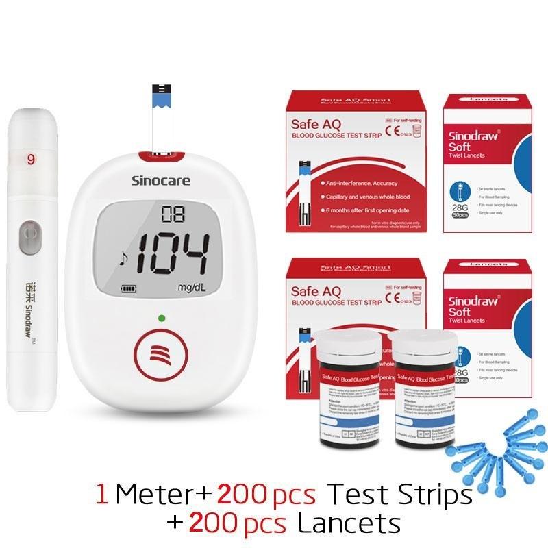 Sinocare Safe AQ-Voice bloedglucosemeter met 25/50/100 teststrips en lancetten Diabetes testkit Stemherinnering en lichtwaarschuwing 1 mg/dL meter+200 strips