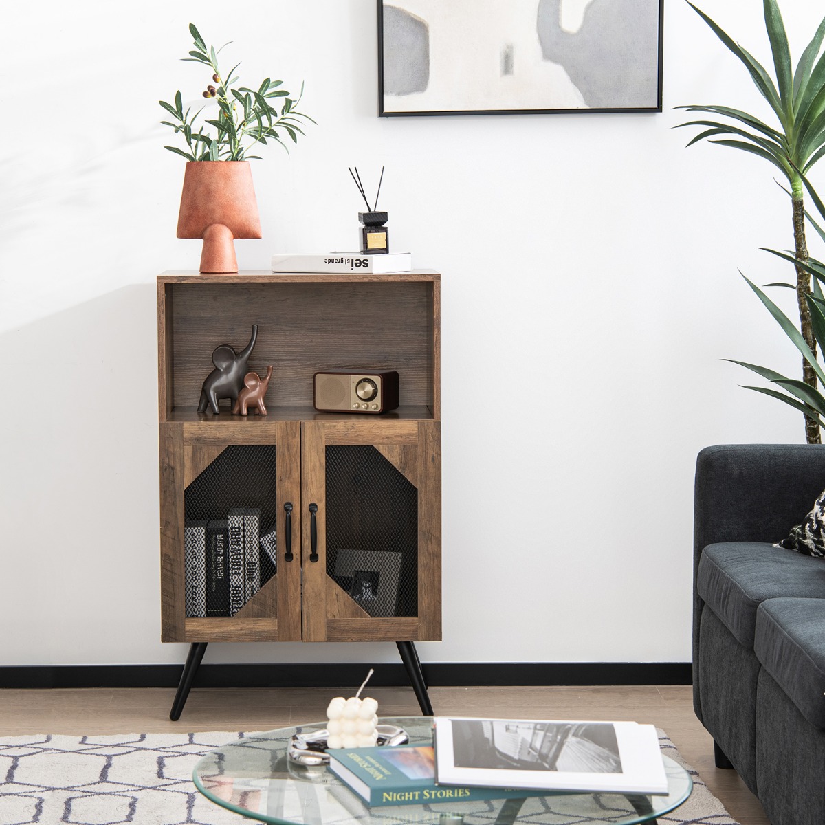 Costway Vintage Wijnkast met Afneembaar Wijnrek en Geïntegreerde Glashouders Barkast Hout Sideboard voor 11 Flessen Wijn en 6-9 Wijnglazen