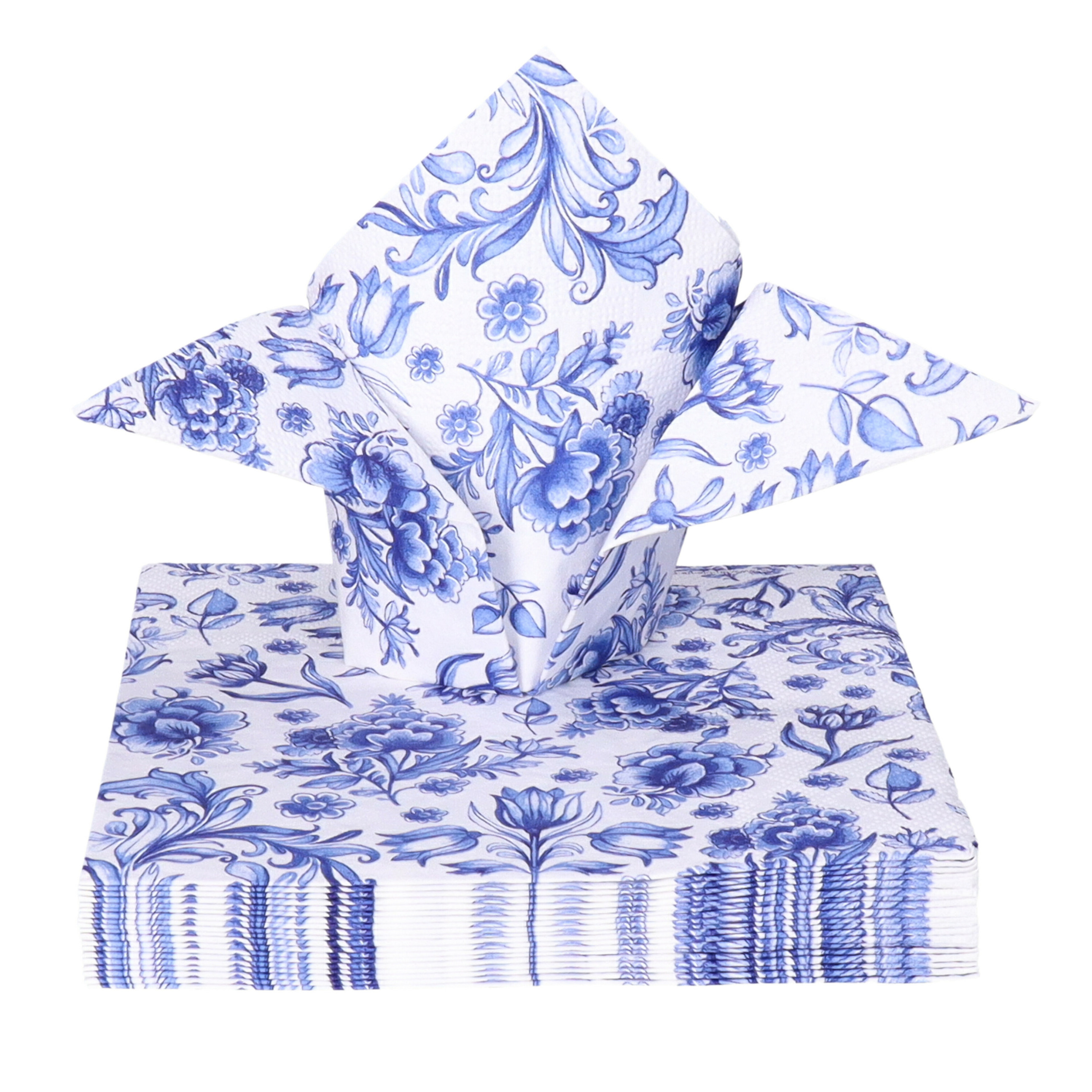 Ambiente Tafel diner servetten - Delfts blauw bloemen patroon thema - 60x stuks - 33 x 33 cm -