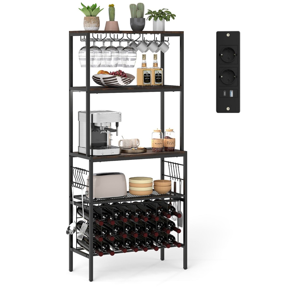 Costway Wijnrek met Stopcontact & Glas- & Kopjeshouders & 8 Haken Magnetronstandaard Rustiek Bruin