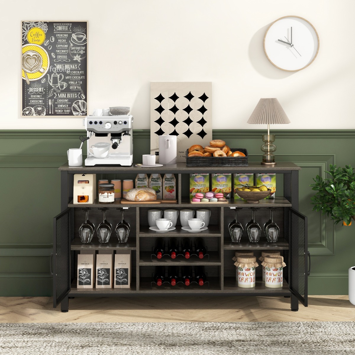 Costway 140 cm Wijnbar Kast Wijnrek voor 8 Flessen 6 Rijen Glazen Houders Metalen Gaasdeuren voor Keuken Eetkamer Woonkamer Grijs