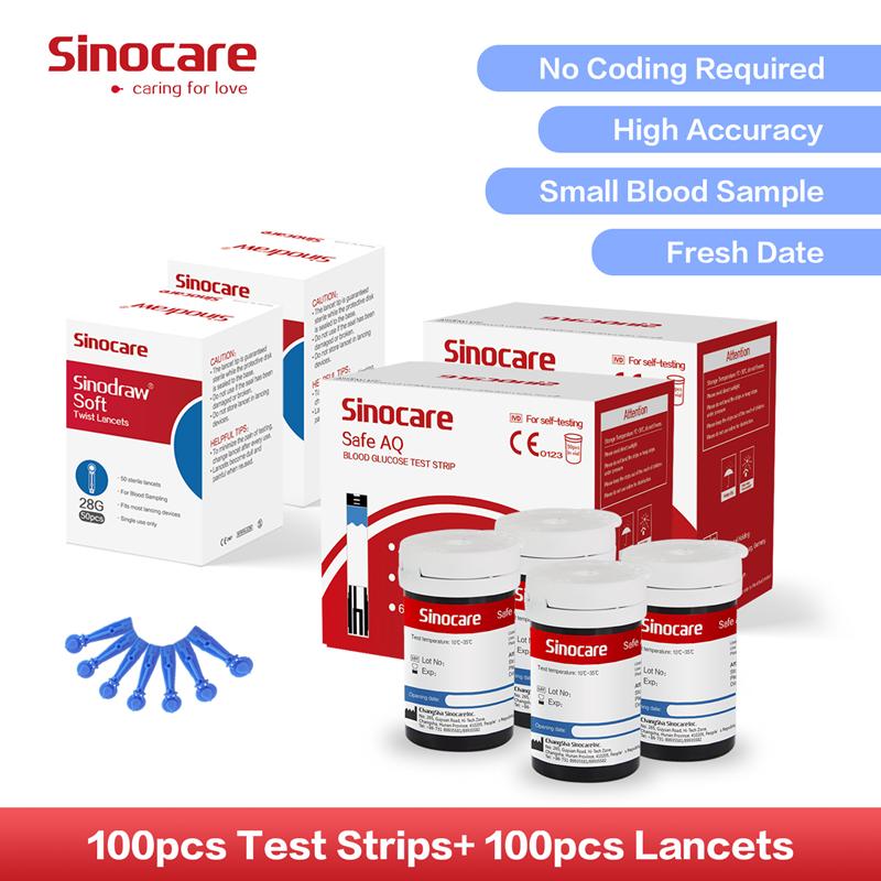 Sinocare Safe AQ Voice Bloedglucosemeter 50/100 Diabetes Testkit met Stemherinnering en Lichtwaarschuwing