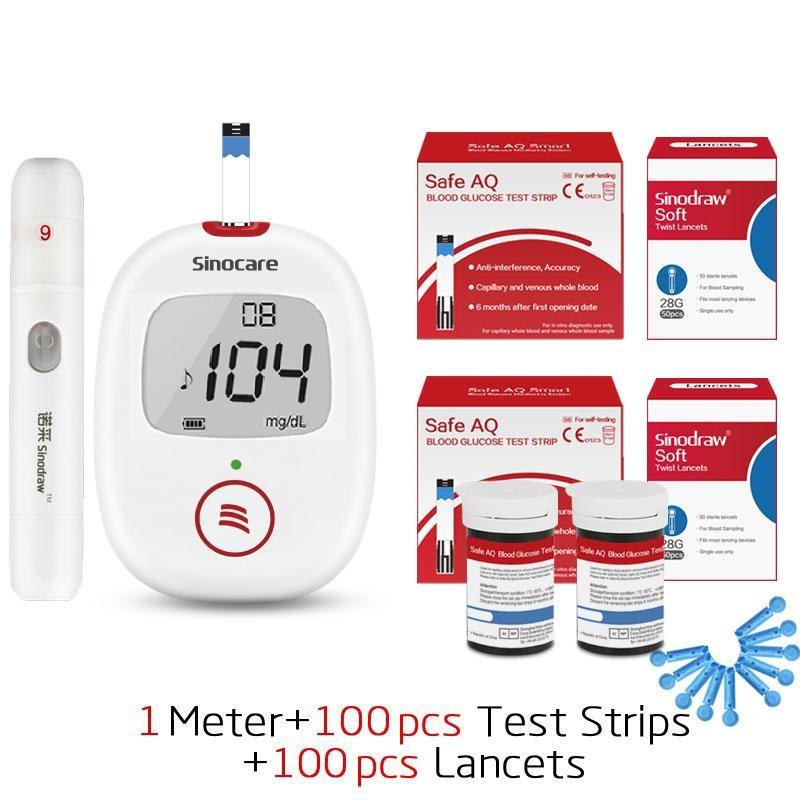 Sinocare Safe AQ-Voice Bloedglucosemeter met 25/50/100/200 teststrips en lancetten Diabetes Met spraakherinnering Hoge nauwkeurigheid 1 mg/dL meter+100 strips