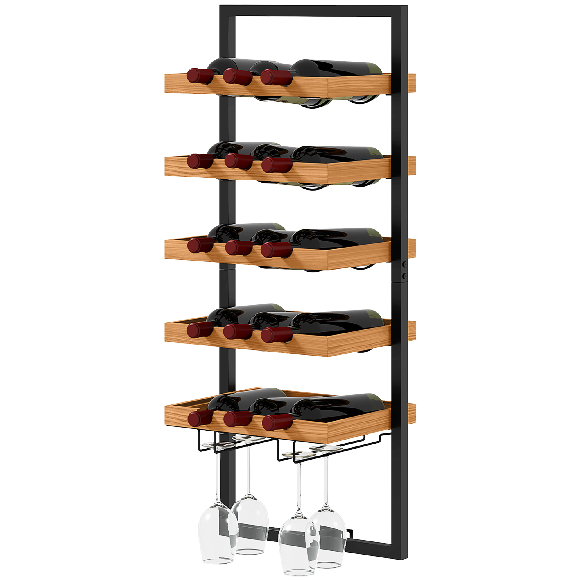 HOMCOM muur wijnrek, 5 niveaus, flessen- en glashouder, stevig grenenhout en staal, perfect voor huisbar, 60 x 20 x 100 cm, bruin | Aosom.nl