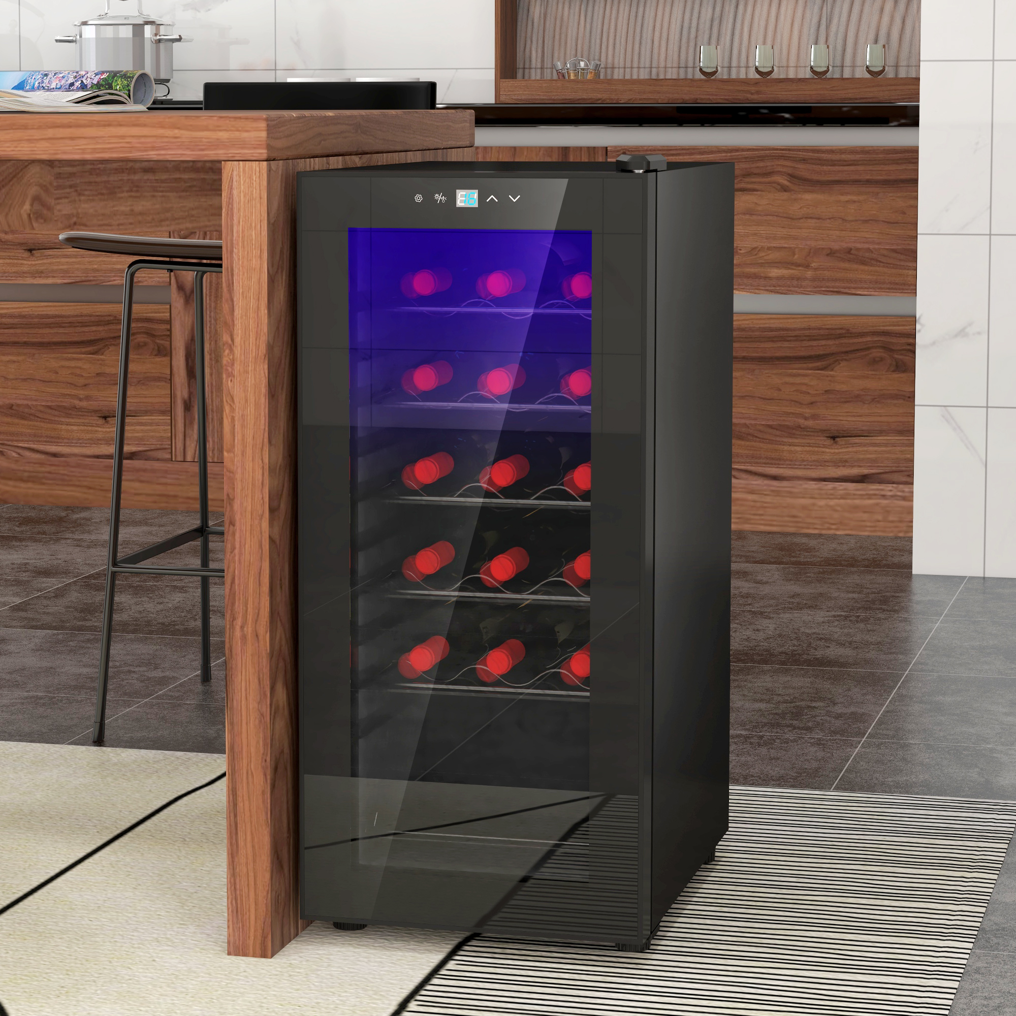 HOMCOM wijnkoelkast, energiezuinig, stil, touchscreen, LED-verlichting, 34,5 x 45 x 78 cm, perfect voor 20 flessen, zwart | Aosom.nl