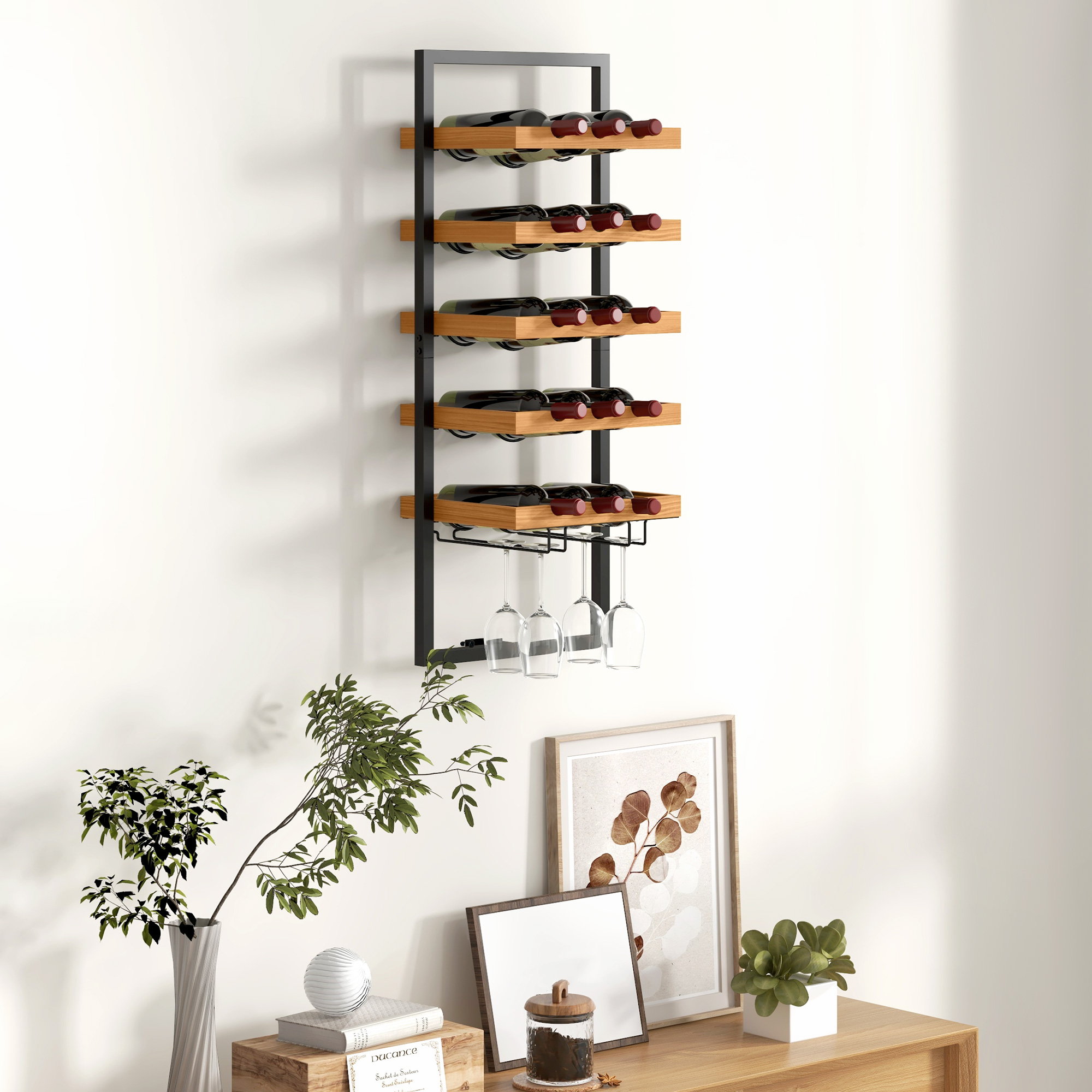 HOMCOM muur wijnrek, 5 niveaus, flessen- en glashouder, stevig grenenhout en staal, perfect voor huisbar, 60 x 20 x 100 cm, bruin | Aosom.nl
