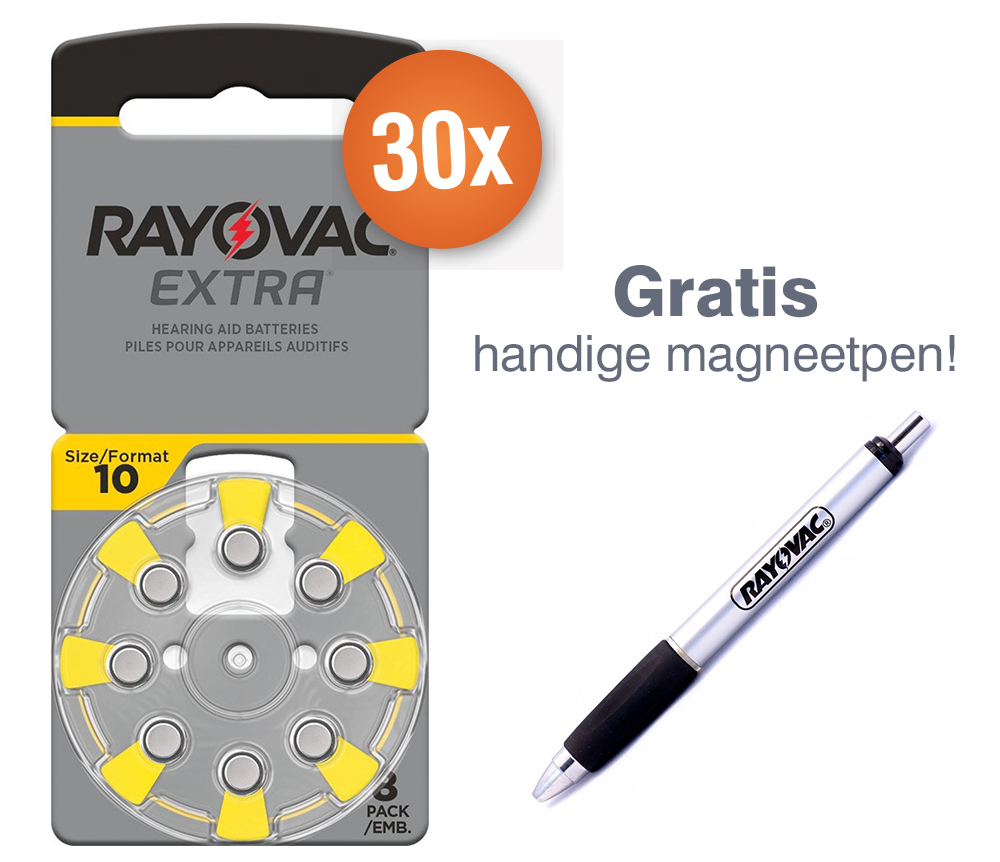 Rayovac Voordeelpak  gehoorapparaat batterijen - Type 10 (geel) - 30 x 8 stuks + gratis magnetische batterijpen