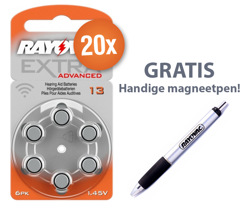Rayovac Voordeelpak  gehoorapparaat batterijen - Type 13 (oranje) - 20 x 6 stuks + gratis magnetische batterijpen