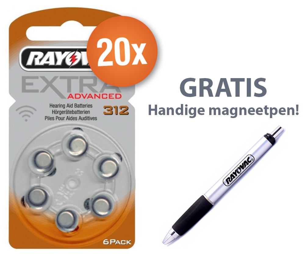 Rayovac Voordeelpak  gehoorapparaat batterijen - Type 312 (bruin) - 20 x 6 stuks + gratis magnetische batterijpen