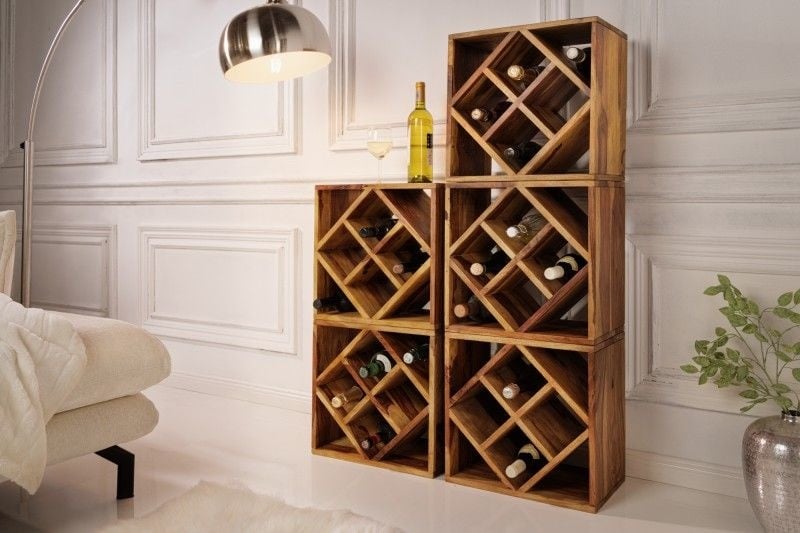 Invicta Interior Massief houten wijnrek CUBUS 40 cm Handgemaakte bijzettafel met sheesham steenafwerking - 41137