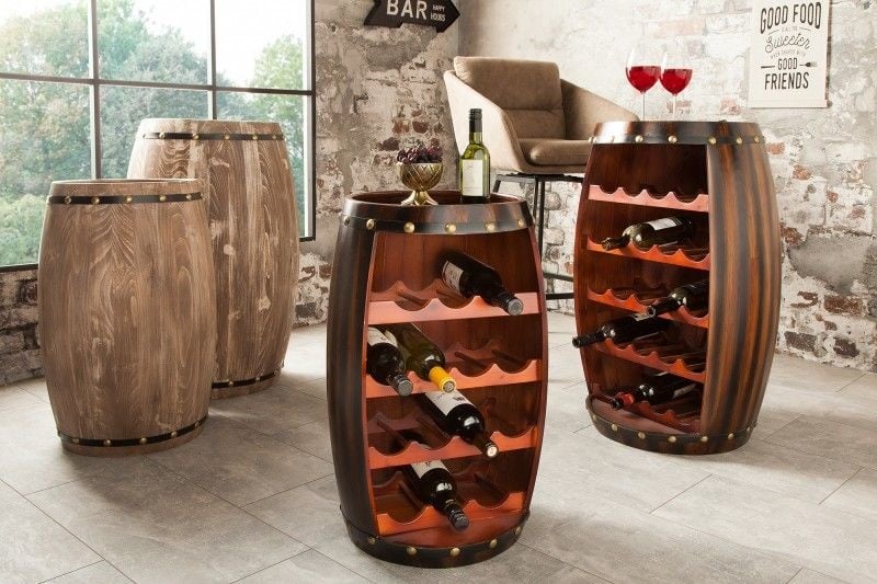 Invicta Interior Massief wijnrek BODEGA 60cm koffiebruin grenen vat bartafel voor 14 flessen - 38963