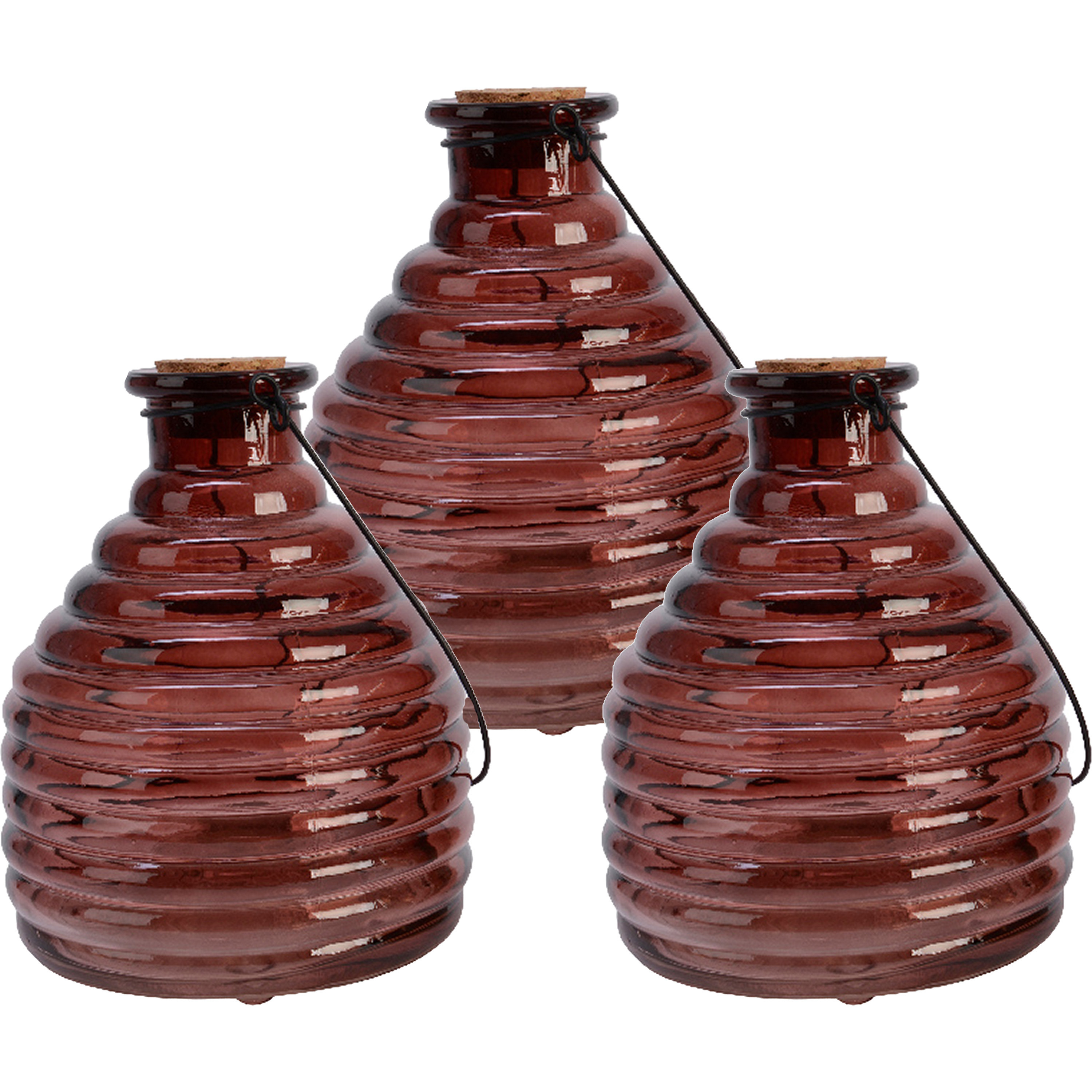Decoris 3x wespenvanger/wespenval met hengsel - glas - donkerrood - D13 x H17 cm -