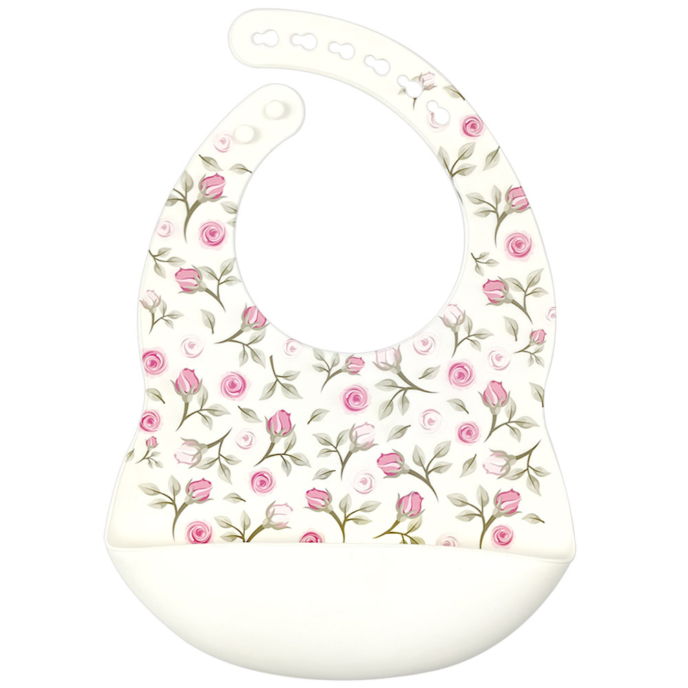 Dutsi  Siliconen - Baby Slabbetje - Met opvangbakje - Roses - Wit