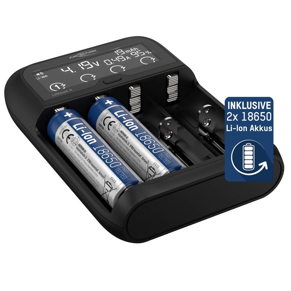 Ansmann Lithium 4 Universalladegerät mit 2x 18650 Akkuzellen (2600mAh) Oplader Li-ion, LiFePO4, NiMH 18500, 18650, 14500, 16340, 17670, 22650, 26650