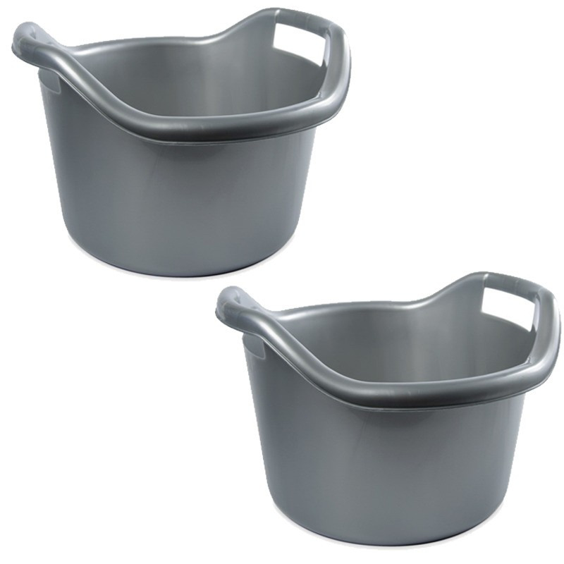 Hega Hogar Schoonmaakemmer - 2x - 6 liter - zilver - kunststof - afwasteil met handvatten - 29 x 19 -