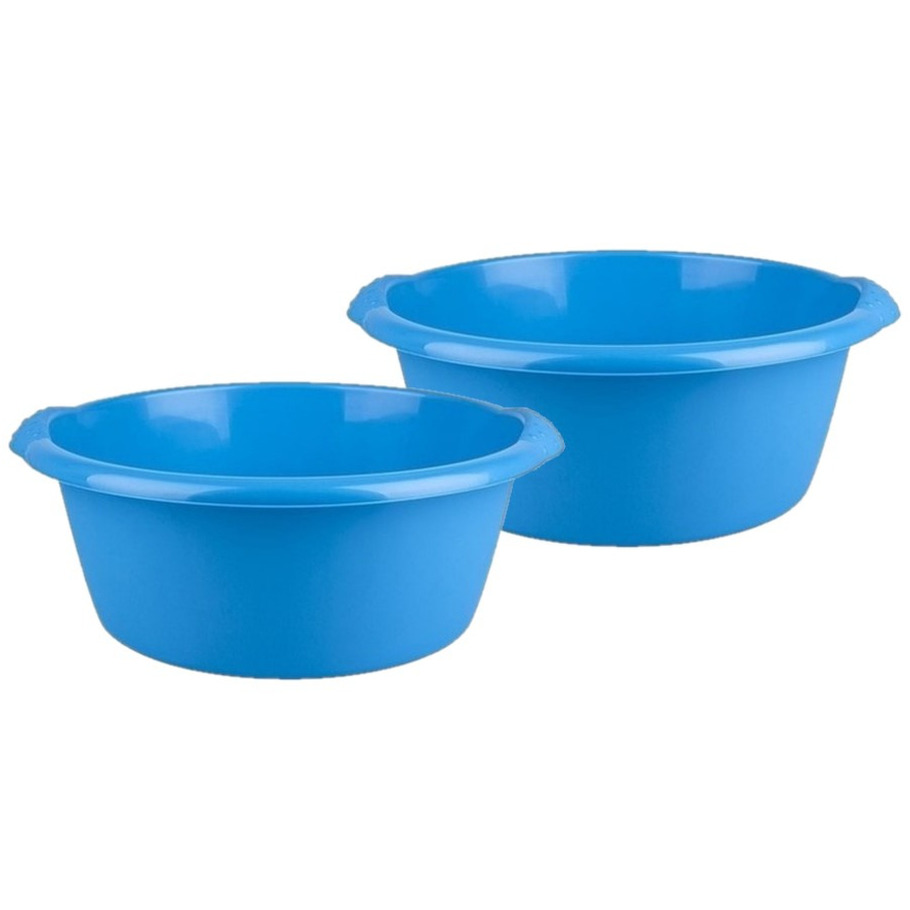 Merkloos 2x stuks ronde afwasteil / afwasbak blauw 10 liter -