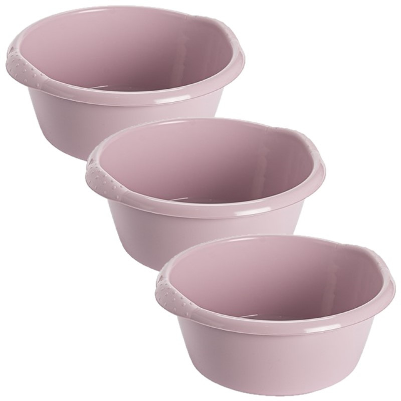 Hega Hogar 3x stuks kunststof teiltje/afwasbak rond 6 liter zacht roze -
