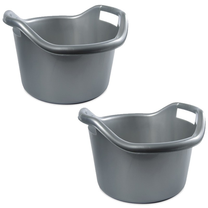 Hega Hogar Schoonmaakemmer - 2x - 14 liter - zilver - kunststof - afwasteil met handvatten - x 24 -