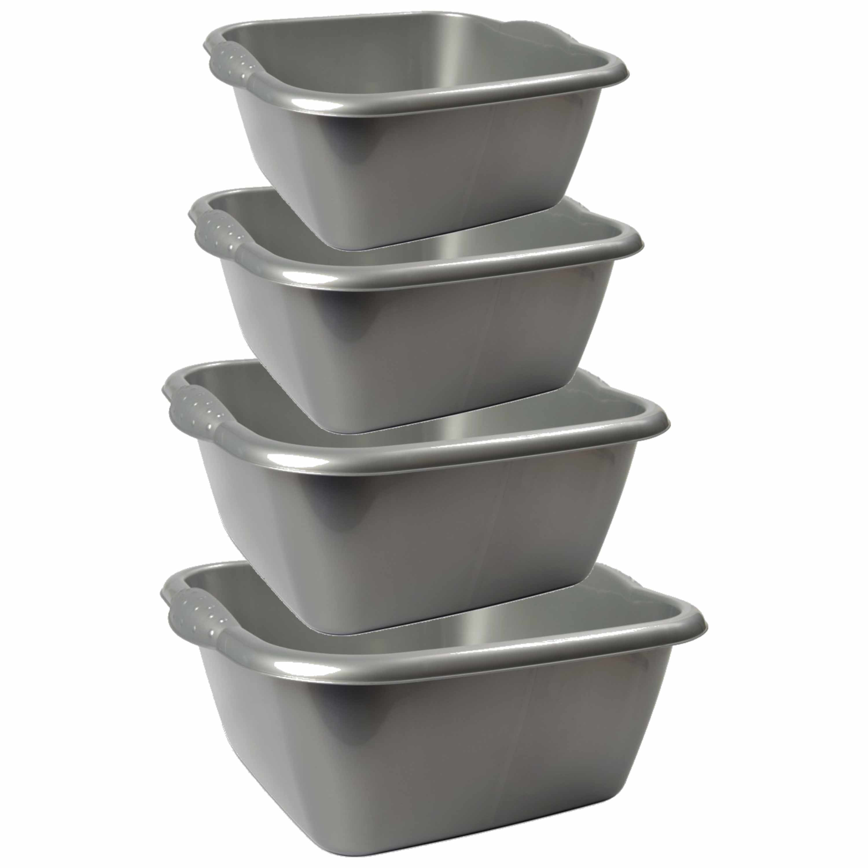 Hega Hogar Afwasbakken - 4x stuks diverse formaten - zilver - kunststof - 3, 6, 10 en 15 liter inhoud -