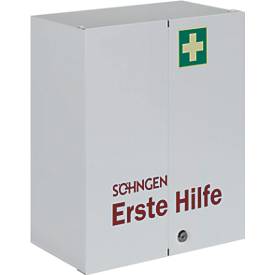 Soehngen Eerstehulpkast ROM, DIN 13169, 2-deurs, afsluitbaar, 2 legborden, 2 laden, 6 opbergbakjes & 2 sleutels, gevuld, plaatstaal.