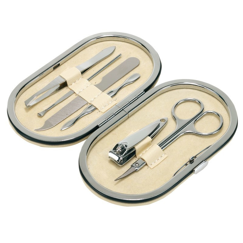Merkloos Manicure set 6-delig - in beige ovalen etui met metalen rits -