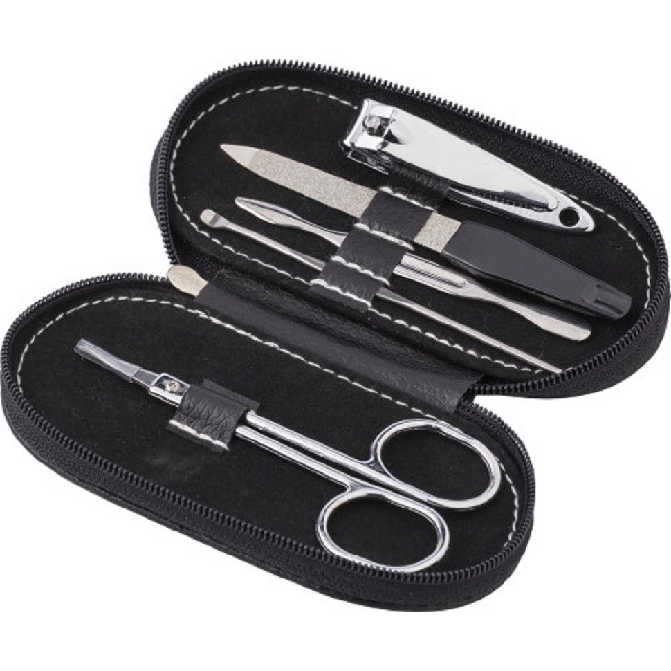 Merkloos Manicure set - 5-delig - zwarte ovalen etui met ritssluiting - Reisset - Nagelschaartje -