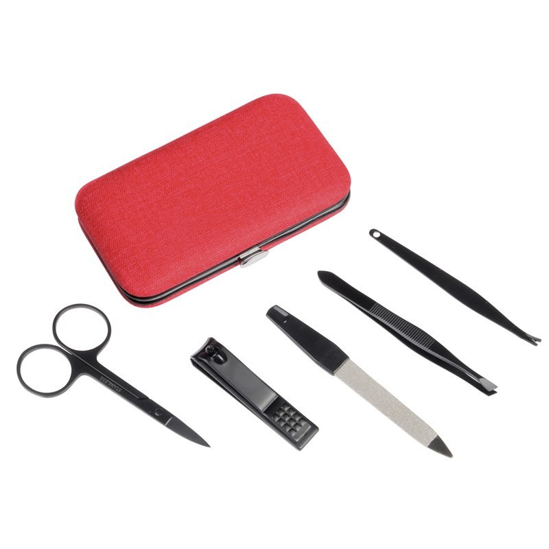 Merkloos Manicure set 5-delig - in rode rechthoekige etui - met drukknopsluiting -